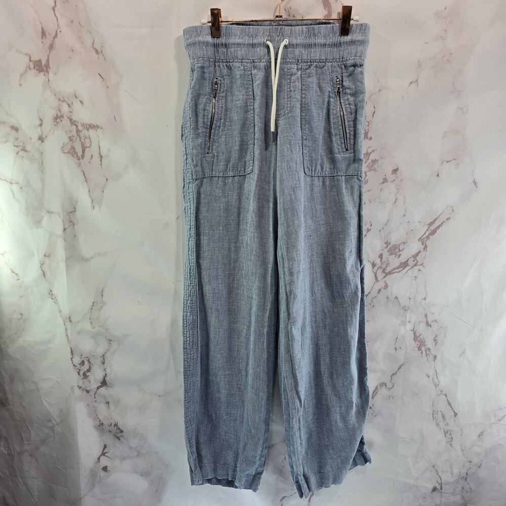 Athleta Pants Womens 0 Cabo Linen Light Blue Wide Leg Straight White Drawstring